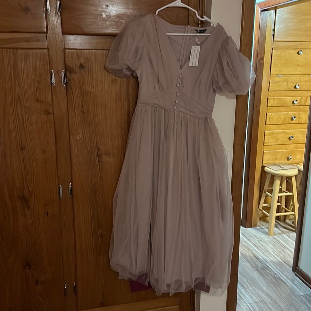 Simplee Puff Sleeve Ruched Button Detail A- Line Dress